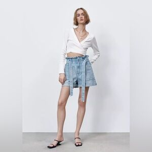 ZARA 6 Blue Paperbag Waist Tie Belted High Rise Denim Shorts 4 Utility Pockets